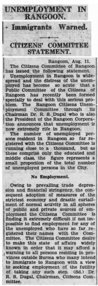 Newspaper Article   UNEMPLOYMENT IN RANGOON.